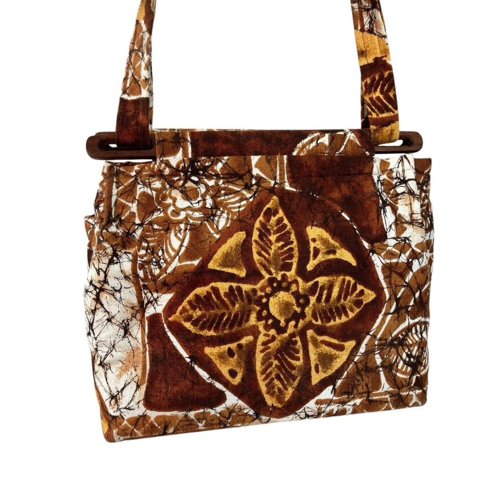 *Barkcloth Purse Brown Tropical Hawaiian Floral Mid Century Handbag Satchel Vtg